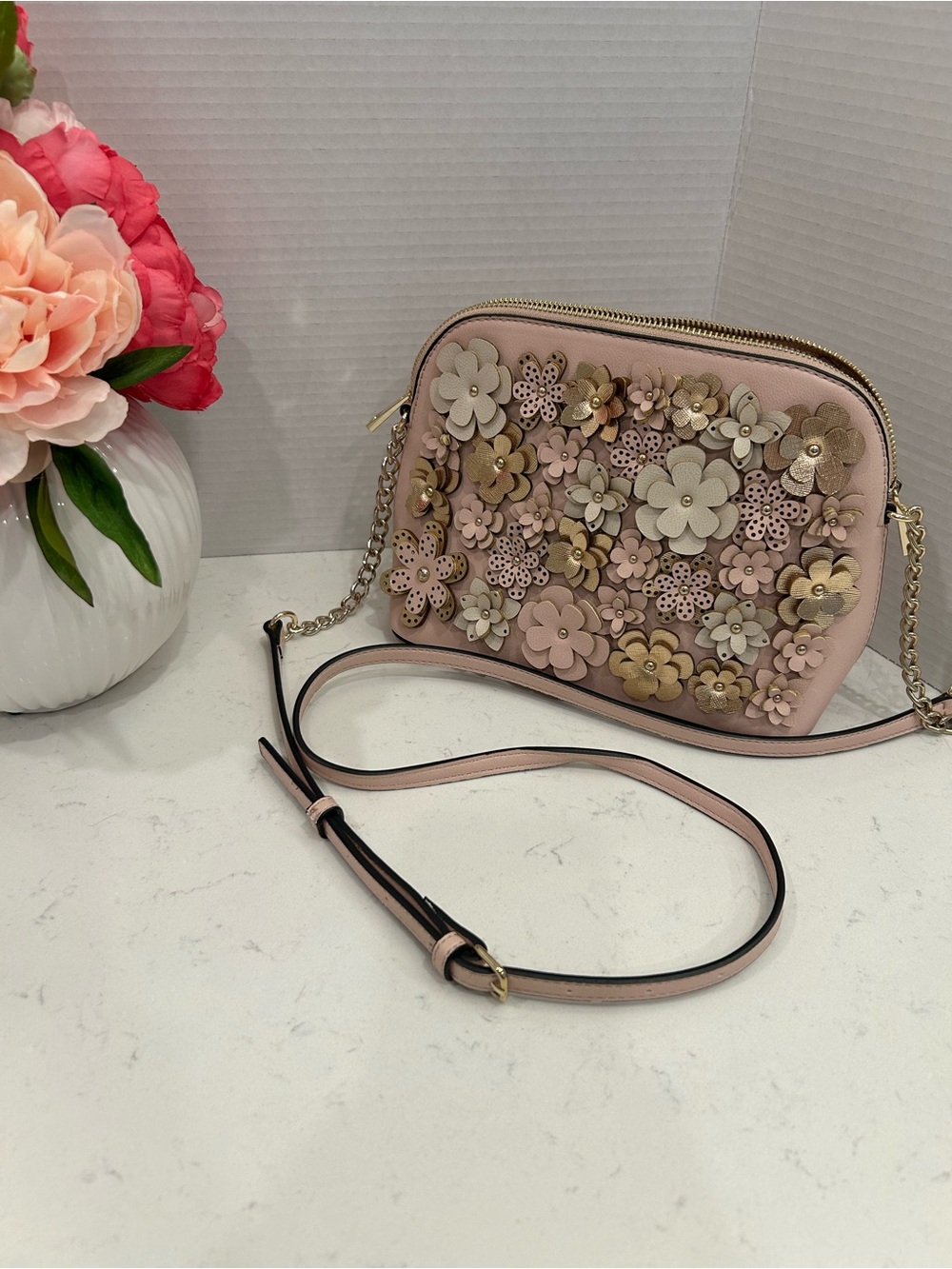 Kelly & Katie Pink Floral Applique Crossbody with Gold Accents